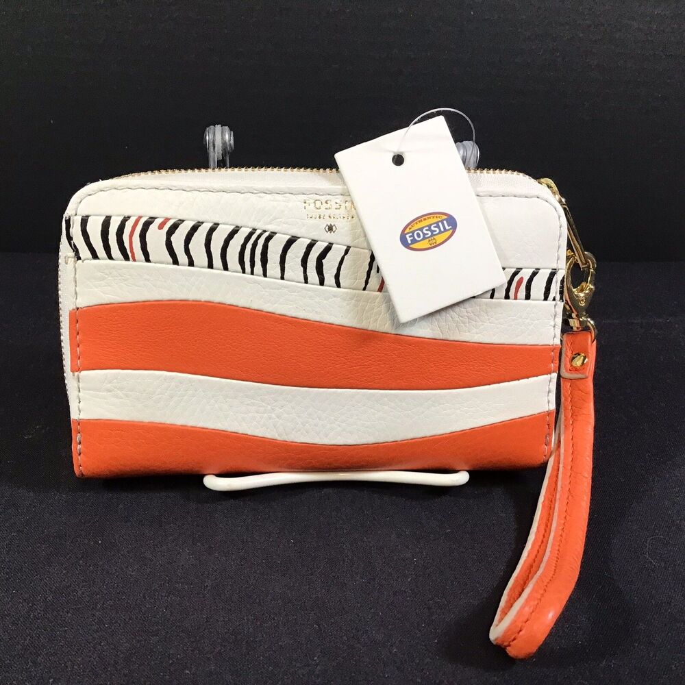 FOSSIL SYDNEY ZIP PHONE MONARCH ORANGE WHITE LEATHER WALLET CLUTCH WRISTLET NWT